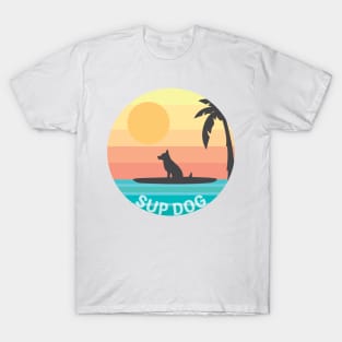 Sup Dog Funny Paddle Boarding German Shepherd Dog Rainbow Sunset T-Shirt